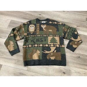 Aelfric Eden Forest Animal Knit Sweater Mens XL Oversized Bear Owl Moose Green